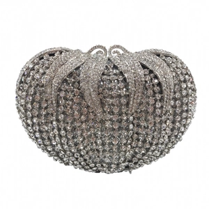 Luxury heart-shaped evening clutch bag with sparkling crystals and silver metal frame