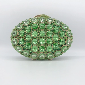 Elegant green crystal oval evening clutch bag with gold metal frame and diamond clasp
