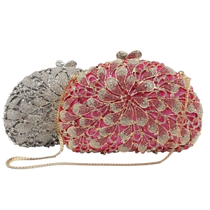 Elegant Women Evening Clutch Bag Luxury Metal Hollow Out Flower Full Rhinestones Shell Wedding Party Prom With Chain