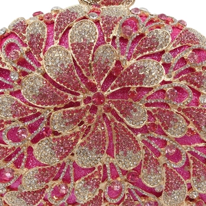 Luxury rose pink rhinestone evening clutch with gold hollow flower metal pattern