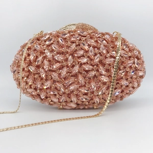 Rose gold hollow-out metal evening clutch bag with sparkling marquise crystals and chain
