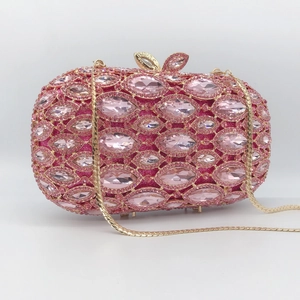 Pink Rhinestone Evening Clutch Bag Crystal Metal Hard Shell Luxury Banquet Wedding Party Handbag For Women