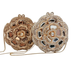 Flower Evening Clutch Bag Hollow Metal Rhinestone Crystal Luxury Party Wedding Handbag Detachable Chain For Women