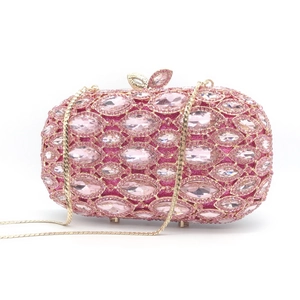 Pink rhinestone evening bag with marquise crystals and golden chain strap for parties
