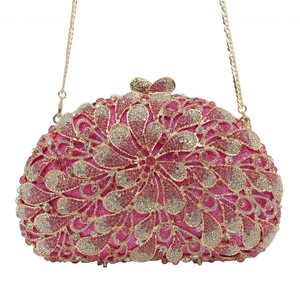 Elegant teardrop rhinestone evening clutch with pink crystals and gold metal chain strap