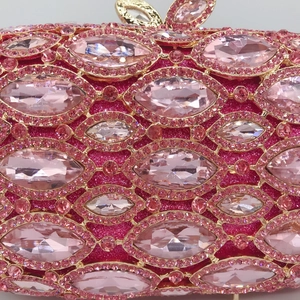 Luxurious pink crystal hollow out evening bag with sparkling marquise rhinestones