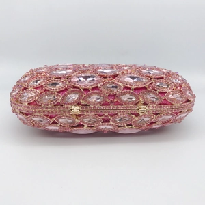 Luxury pink hollow out crystal evening clutch bag with gold metal frame and rhinestones