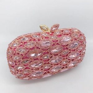Pink rhinestone evening clutch bag with luxury marquise crystals and gold leaf clasp