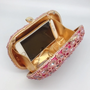 Pink and silver rhinestone clutch evening bag with gold chain and interior phone capacity