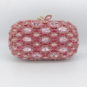 Elegant pink rhinestone evening clutch with gold metal frame and leaf clasp for parties