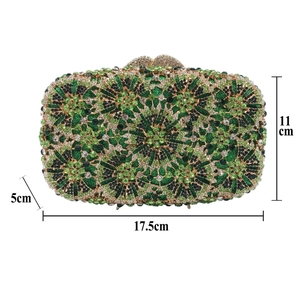 Macro view of crystal evening bag with green mandala pattern and precise dimensions