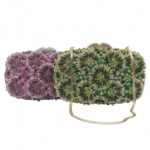 Luxury rhinestone evening clutch bag with floral pattern and gold chain strap for women