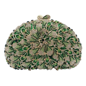 Luxury green peacock rhinestone evening clutch bag with gold crystal bow clasp