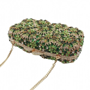 Luxury rhinestone evening clutch with green crystal floral pattern and gold chain