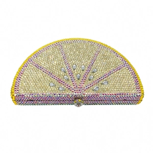 Detailed view of the rhinestone lemon slice evening clutch with crystal core and metal clasp
