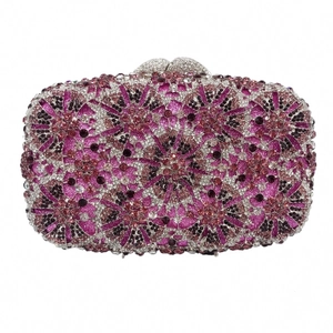 Luxury rhinestone evening clutch bag with pink and purple floral pattern design