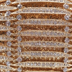 Luxury gold evening clutch featuring sparkling rhinestones and hollow metal detail