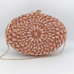 Luxury oval evening clutch bag with pink marquise rhinestones and gold chain strap