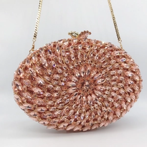 Elegant champagne rhinestone clutch bag with gold chain for formal evening parties