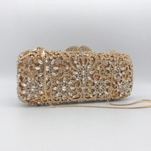Luxurious gold evening clutch bag with hollow out floral rhinestones and metal chain