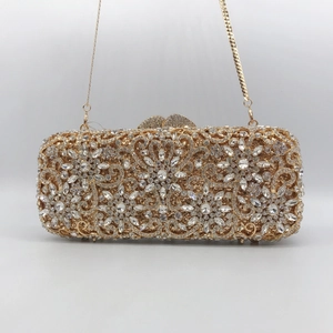 Luxurious gold floral hollow evening clutch bag with full rhinestones and heart clasp