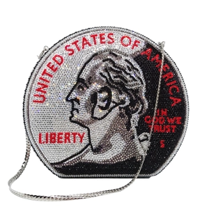 Detail of creative dollar coin evening bag with sparkling rhinestones and silver chain strap