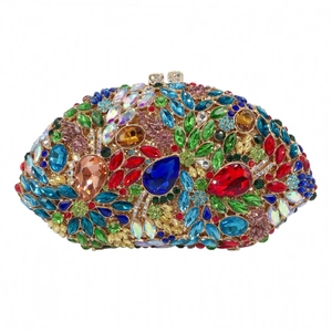 Pochette de soirée ovale luxueuse avec strass multicolores et cadre en métal doré
