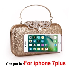 Golden sequin evening clutch bag with rhinestone floral clasp showing iPhone 7 Plus capacity