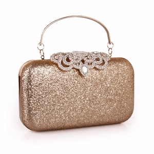 Sparkling gold sequin evening clutch bag with rhinestone flower clasp and metal handle