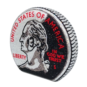Detailed view of the sparkling rhinestone coin purse featuring a US dollar quarter design