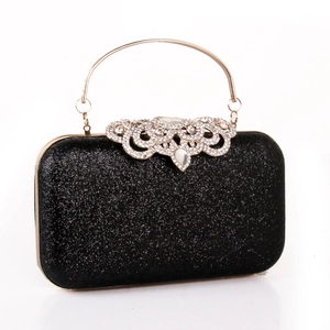 Elegant black sequin evening clutch bag with gold handle and rhinestone flower clasp