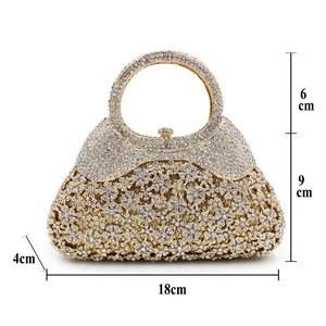 Detailed size chart of a luxury hollow metal evening bag with rhinestones and floral patterns