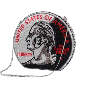 Detailed view of round dollar coin evening bag with sparkling red and black rhinestones
