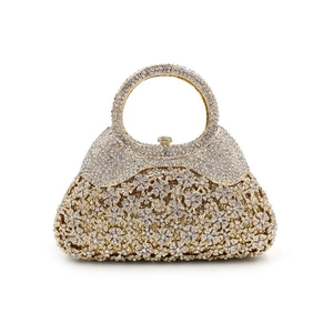 Luxury Rhinestone Evening Bag Hollow Flower Metal Handbag Party Elegant Formal Clutch With Round Handle And Chain Strap
