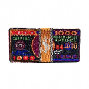 Pochette de soirée luxe motif dollar ornée de strass colorés et de détails monétaires