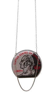 Macro detail of round dollar coin evening bag with sparkling rhinestones and silver chain