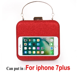 Red glitter evening clutch bag with gold metal ring handle showing phone capacity fit