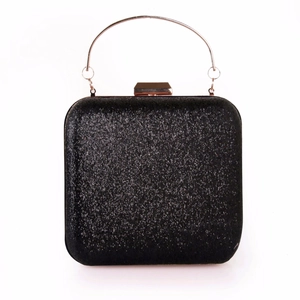 Minimalist square evening clutch with black glitter finish and silver metal ring handle