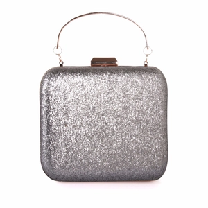 Elegant silver sequin evening clutch bag with square hard shell and metal handle