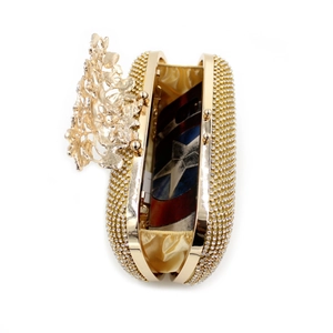 Golden evening clutch bag with sparkling crystals and coral-shaped handle decoration