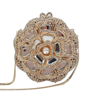 Exquisite flower evening clutch bag with sparkling diamonds and gold chain strap