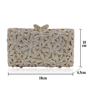 Front view of hollow silver crystal evening clutch bag showing 18x10x4.5cm dimensions