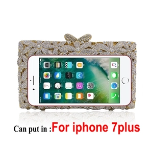 Elegant hollow metal clutch bag with sparkling crystals and butterfly clasp with phone size guide