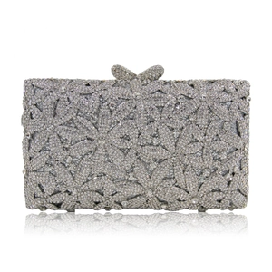 Luxury silver crystal evening clutch bag with sparkling rhinestone flower petal patterns