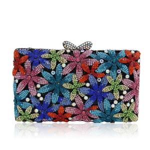 Exquisite floral crystal evening clutch bag with multicolored rhinestones and bow clasp