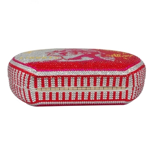 Detailed view of handmade crystal evening clutch with Liverpool logo and red rhinestones