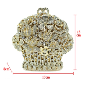 Detailed view of golden flower-shaped evening bag with crystal rhinestones and dimensions
