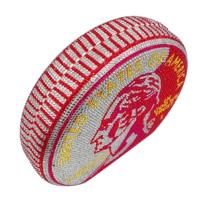 Detailed view of round dollar coin clutch bag featuring red and gold crystal rhinestones