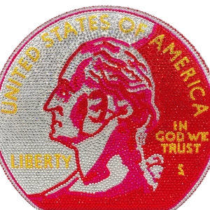 Detailed close-up of a round dollar coin clutch bag featuring red and gold rhinestones