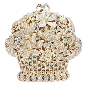 Exquisite gold crystal hollowed-out flower basket evening clutch bag with sparkling rhinestones